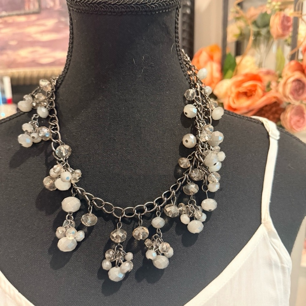 White Bead Cluster Statement Necklace